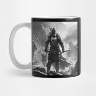 A Black and Gray apocalyptic Viking Battle in Valhalla with a Viking Warrior with a spear and a sword. Mug